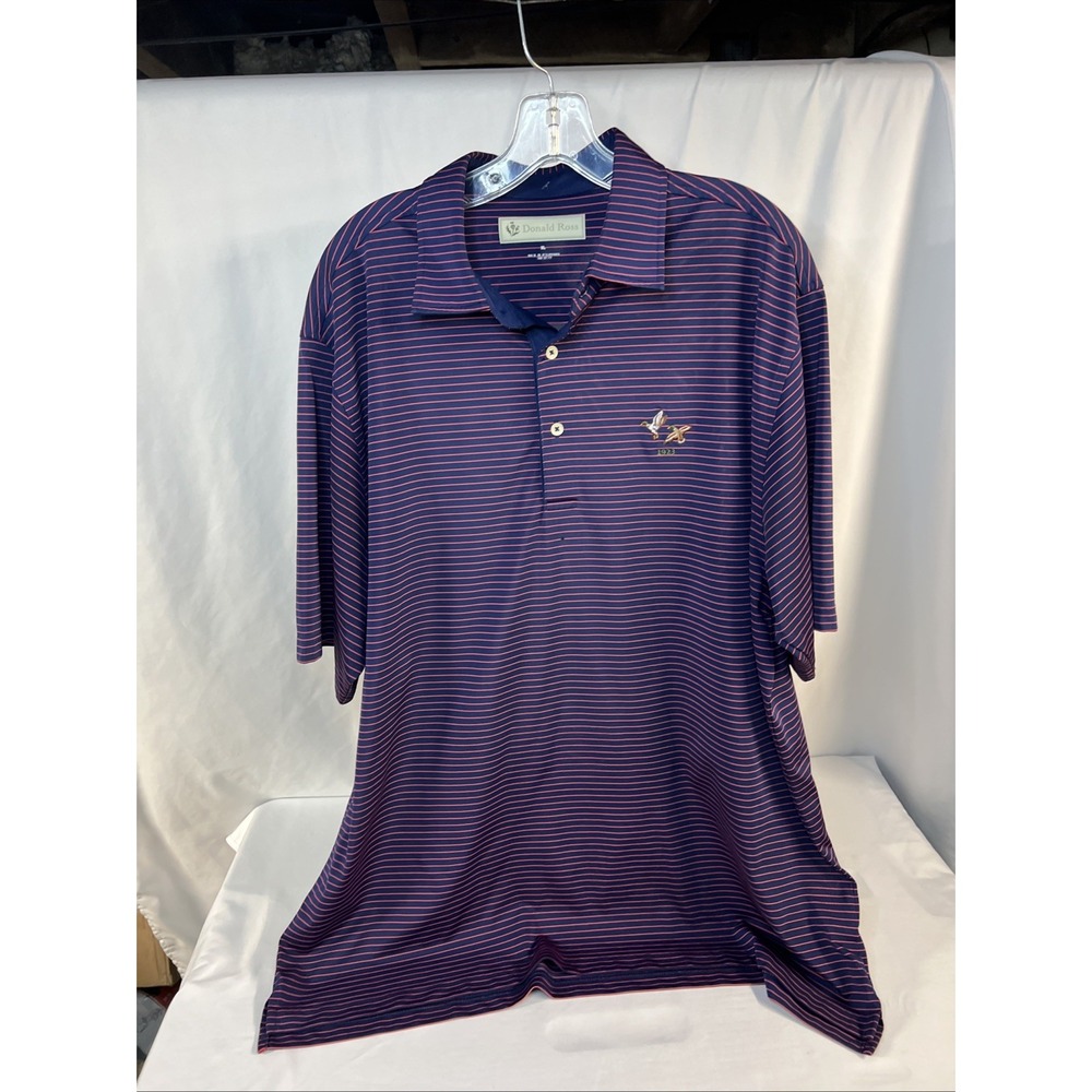 DONALD ROSS Golf Polo Men's XL Navy Blue Striped Short Sleeve Ducks Logo 1923